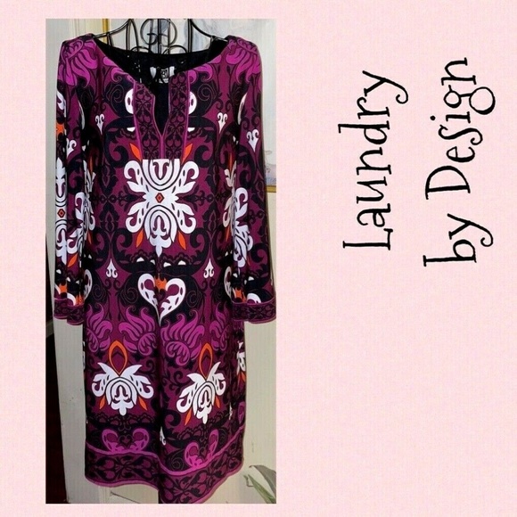LAUNDRY BY DESIGN SILKY PURPLE KNIT SHIFT DRESS W/BLACK,WHITE PRINT~3/4 SLEEVE~S - Picture 1 of 6